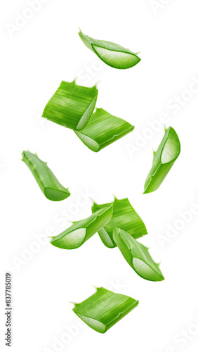 Falling Aloe vera, slice, isolated on white background, full depth of field