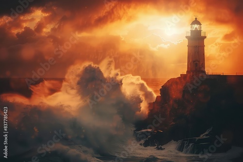 Rustic lighthouse on a cliff, sunset, crashing waves close up, focus on, copy space Double exposure silhouette with coastal scenery photo