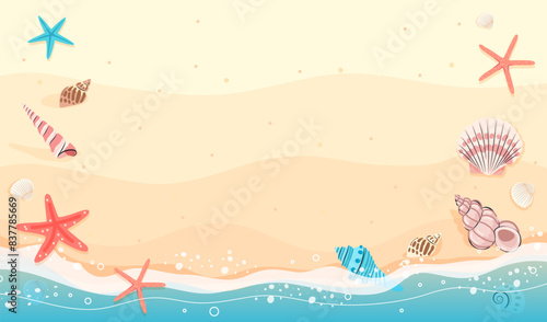 Beautiful sandy beach and seashells with copy space vector illustration. Summer beach background