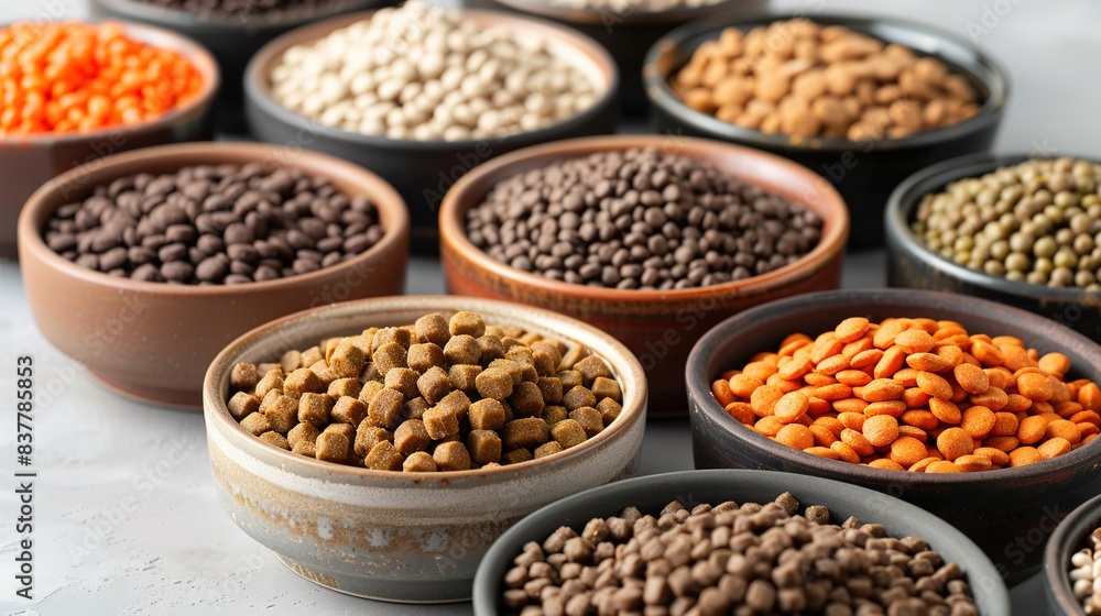 Fototapeta premium Assorted Dog Food Bowls Displaying Texture and Color Diversity
