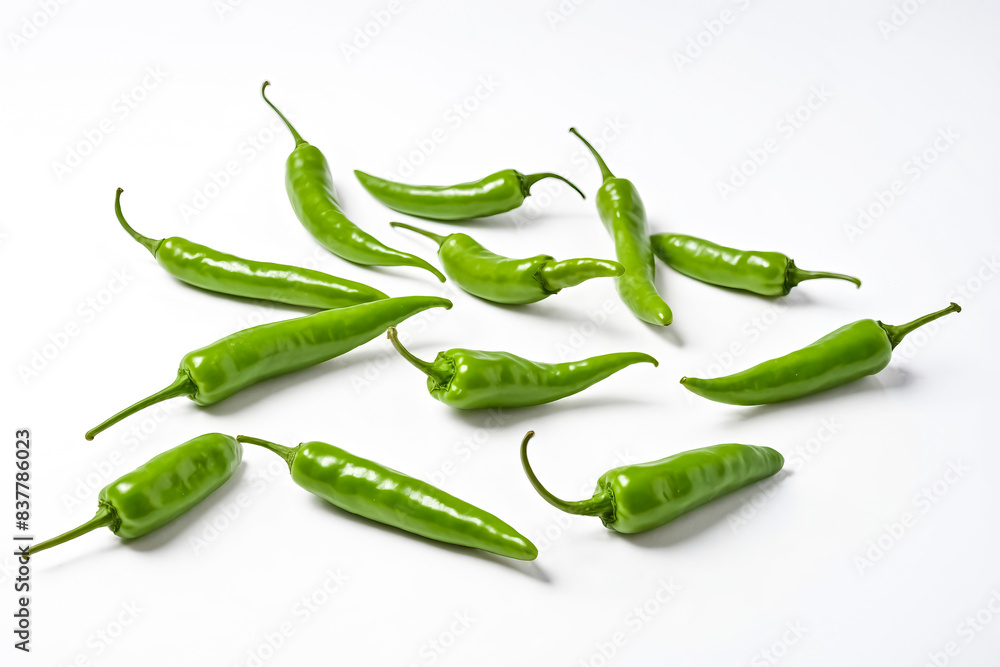 Fresh Green Chili Peppers Scattered on White Background Fresh Green Chili Peppers Scattered on White Background