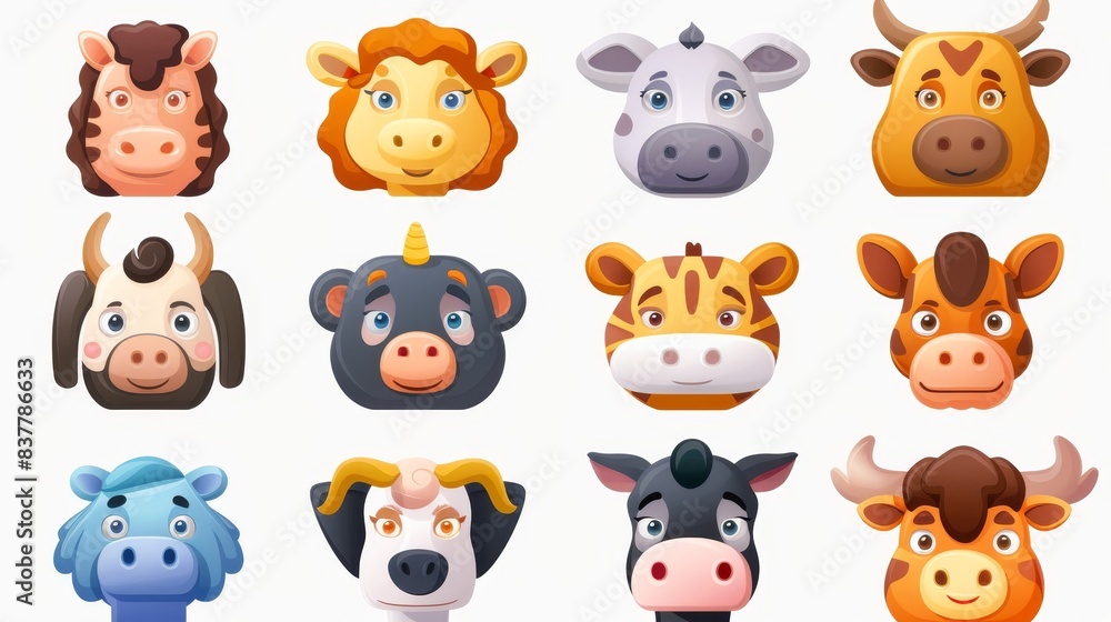 Farm fauna cartoon characters. Funny muzzles. Chinese zodiac creatures. Mobile application icons. Happy tiger and horse. Garish modern mammals heads. Farm fauna cartoon characters. Funny muzzles. Chinese zodiac creatures. Mobile application icons. Happy tiger and horse. Garish modern mammals heads.