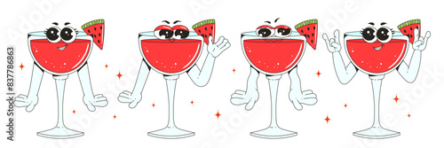 Set retro groovy characters cosmopolitan cocktail. Funky characters with different poses and emotions. Vintage design with a contemporary twist.
