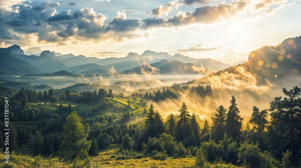 Fototapeta premium Misty mountain valley at sunrise with sunbeams