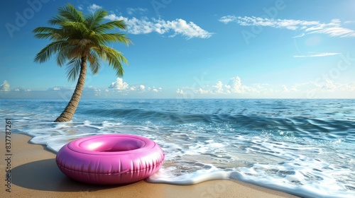  A pink inflatable tube rests atop a sandy beach, near the tranquil ocean Palm trees dot the middle of the crystal-clear blue sea The sky is adorn photo