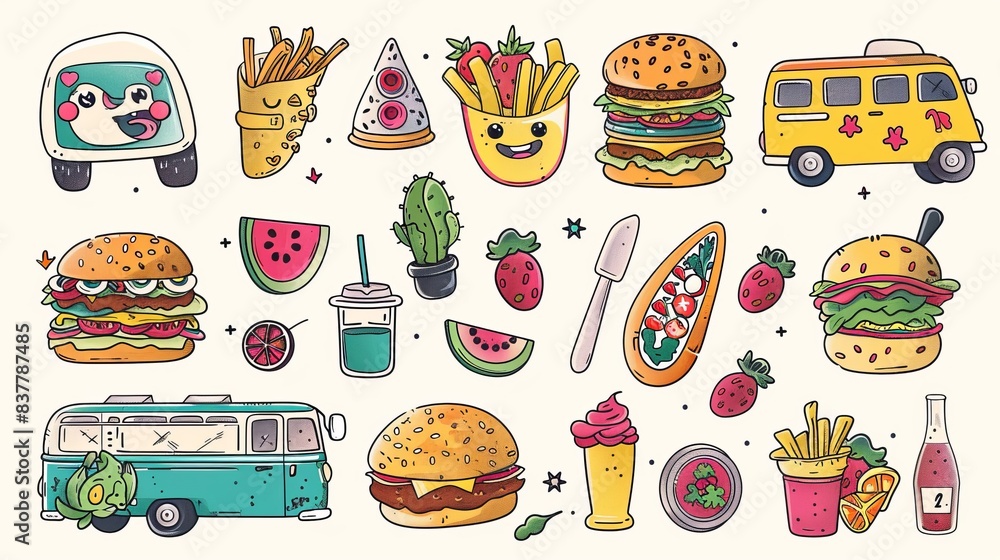 Greeting card set with 70s groovy elements. Cartoon character, doodle smile face, hamburger, pizza, taco salad, smoothie. Cute retro groovy hippie design for decorative and sticker purposes. Greeting card set with 70s groovy elements. Cartoon character, doodle smile face, hamburger, pizza, taco salad, smoothie. Cute retro groovy hippie design for decorative and sticker purposes.