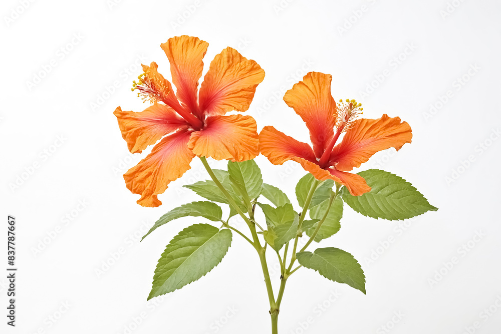 Two Orange Hibiscus Flowers on White Background Two Orange Hibiscus Flowers on White Background