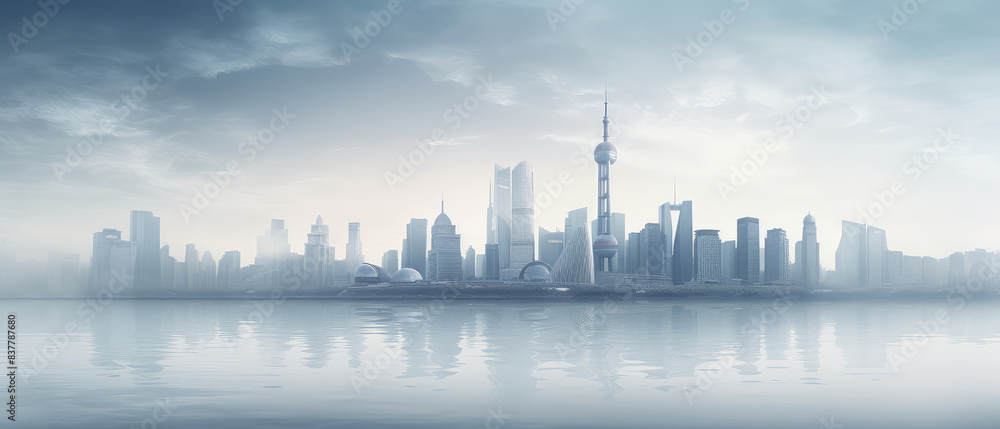 Foggy Urban Skyline with Water Reflection
