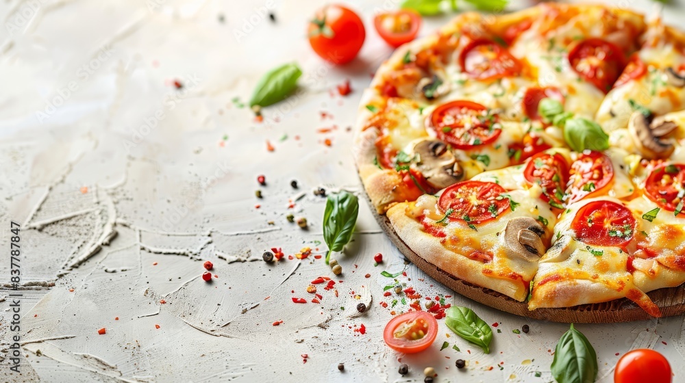 A pizza featuring tomatoes, mushrooms, and basil on a pristine white background Toppings include red pepper sprinkles and green basil leaves A pizza featuring tomatoes, mushrooms, and basil on a pristine white background Toppings include red pepper sprinkles and green basil leaves