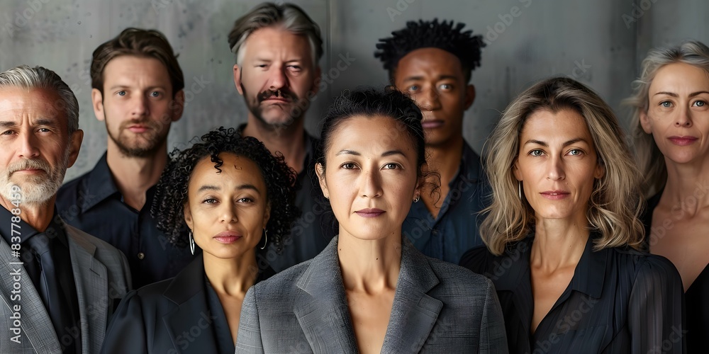 Fototapeta premium Diverse group standing in a row facing camera with neutral expressions. Concept Group Portrait, Diversity, Neutral Expressions, Standing in a Row, Facing Camera