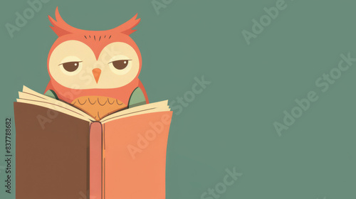 Wise owl reading a book. Adorable cartoon owl engrossed in a book, perfect for educational or children's literature projects. photo