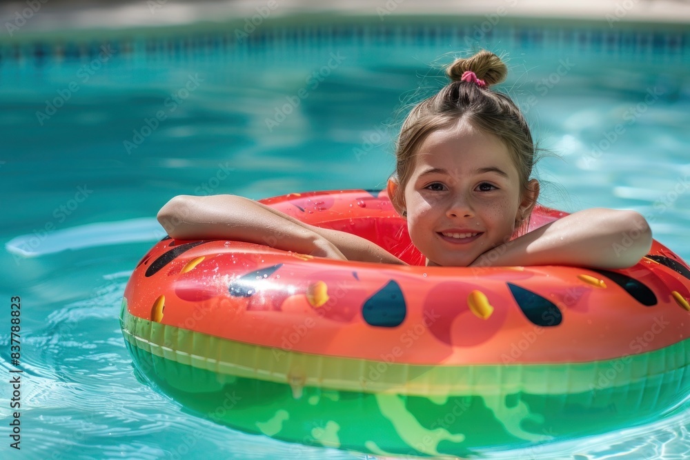 Young girl is smiling and relaxing in a swimming pool, floating on an inflatable watermelon shaped swim ring. Young girl is smiling and relaxing in a swimming pool, floating on an inflatable watermelon shaped swim ring.