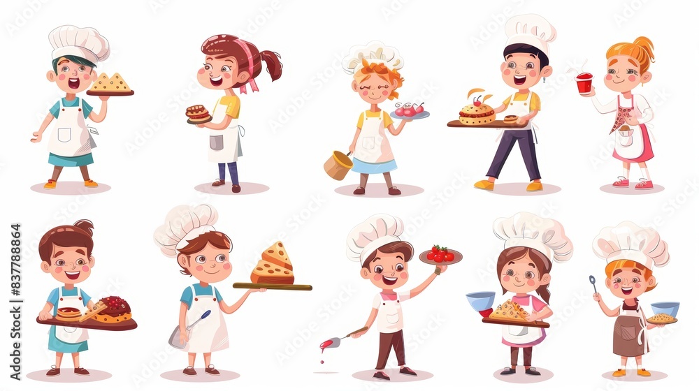 Set of modern illustrations of kids cooking or baking food. Cook with child classes and cook with child modern illustration set Set of modern illustrations of kids cooking or baking food. Cook with child classes and cook with child modern illustration set