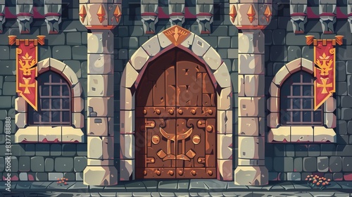Castle door and windows. Rich medieval artwork with knight guard armor, throne of the king, and fantasy fairy queen flags. Modern illustration.