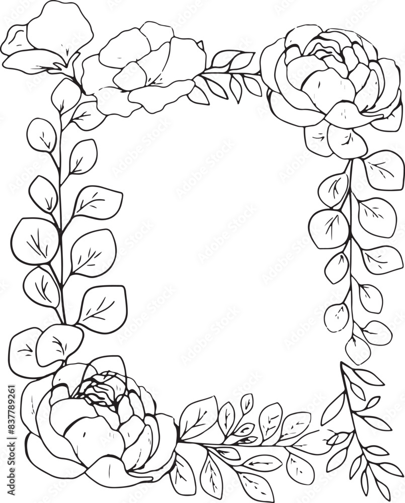 Vector black outlines, floral framing, sketch floral frame with flowers and leaves. Template space for text. Greeting cards, invitation, gender party, baby shower, birthday, event, holiday, wedding Vector black outlines, floral framing, sketch floral frame with flowers and leaves. Template space for text. Greeting cards, invitation, gender party, baby shower, birthday, event, holiday, wedding