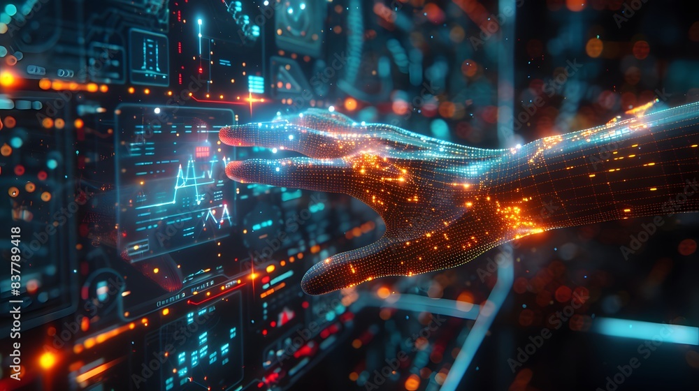 Naklejka premium Digital Technology Concept: Human Hand in Mesh Wireframe Interacting with Futuristic Touchscreen Interface with Glowing Data Lines