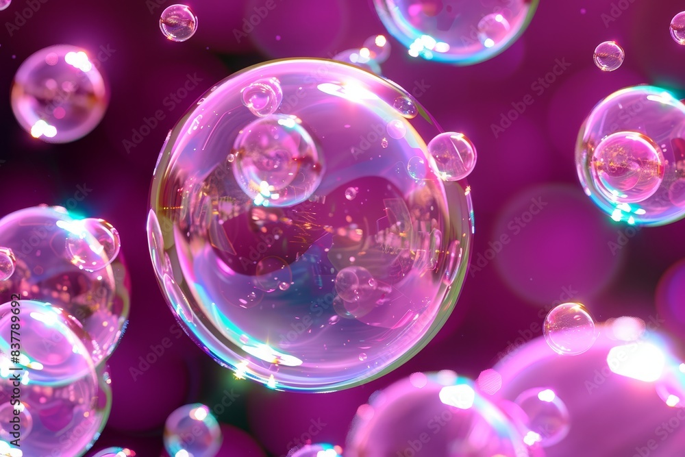 Naklejka premium A vivid, close-up photograph of iridescent soap bubbles reflecting light against a vibrant purple background, creating a dreamy and magical atmosphere.