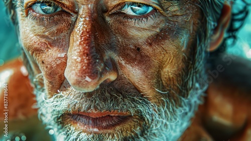  A man with a beard and blue eyes is depicted in a close-up, with water droplets on his face Behind him lies a expanse of water