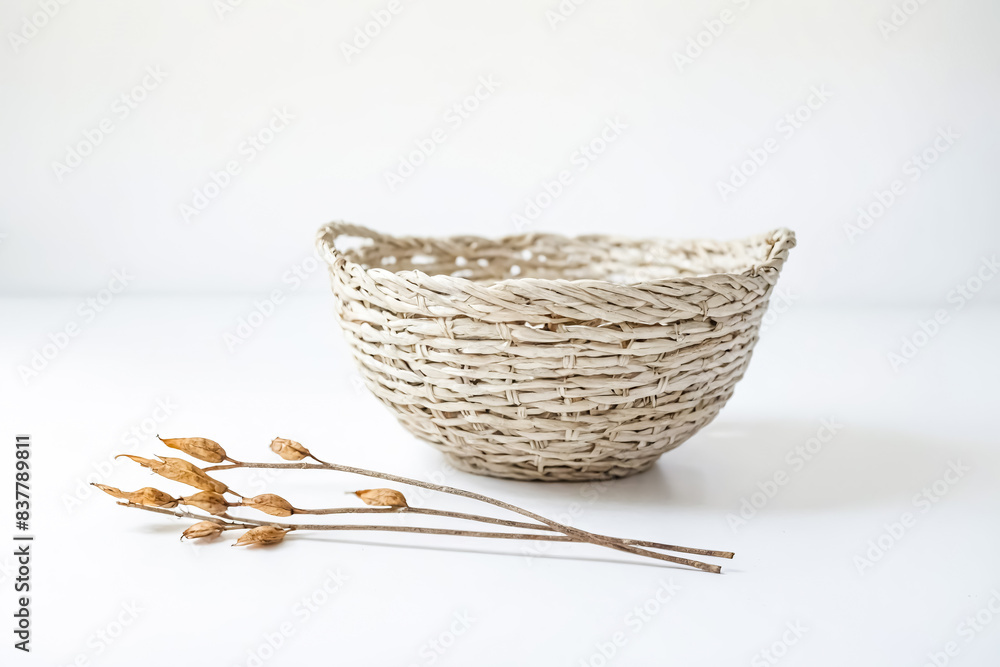 Obraz premium Wicker Basket with Dried Branch on White Background