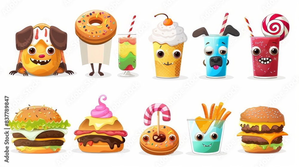 Fast food with eyes, junk food. Set of monster legs, pizza, donuts, juice, burgers, great danes, lollipops, ice cream, and french fries. For posters, prints, kids menus. Fast food with eyes, junk food. Set of monster legs, pizza, donuts, juice, burgers, great danes, lollipops, ice cream, and french fries. For posters, prints, kids menus.