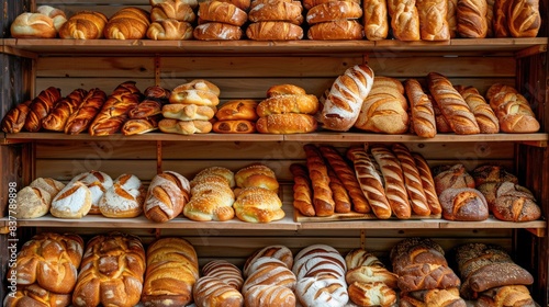 Delicious pastries and breads placed on shelf at bakery shop, various of bread for selling in shop