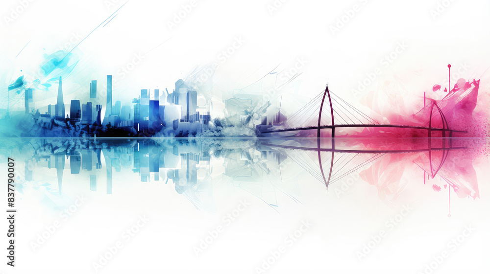 Fototapeta premium Abstract Watercolor Skyline with Reflective City Views