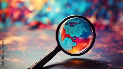 magnifying glass on the world map, magnifying glass on the map of continent