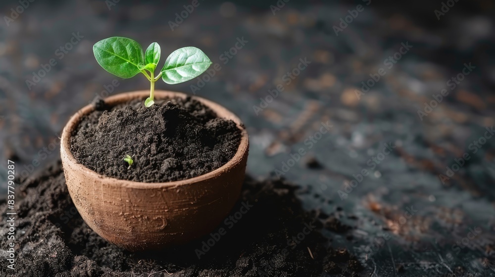 A tiny green plant emerges from a clay pot, its soil-filled container resting atop a shadowed surface Dirt borders the sides of the pot, and the floor beneath it is A tiny green plant emerges from a clay pot, its soil-filled container resting atop a shadowed surface Dirt borders the sides of the pot, and the floor beneath it is