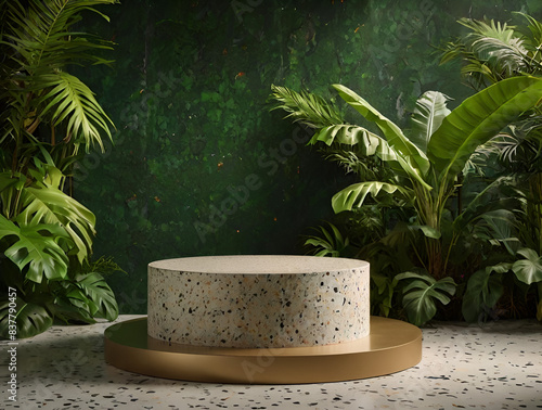 Terrazzo podium in tropical forest for product presentation Behind is a view of the green wall.