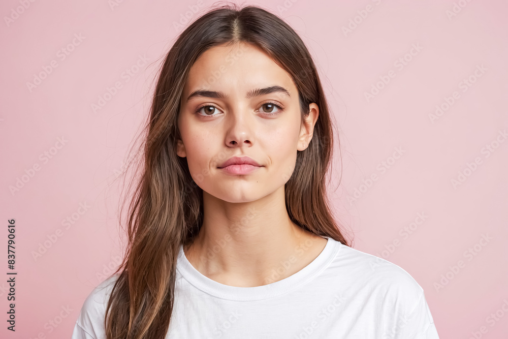 Portrait of a Young Woman with Long Brown Hair on a Pink Background Portrait of a Young Woman with Long Brown Hair on a Pink Background