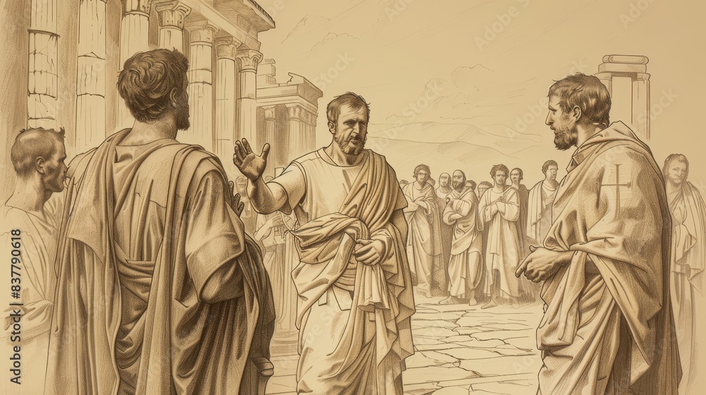 Fototapeta premium Saint Vitus's bravery and martyrdom, facing Roman persecutors, calm expression, dramatic Roman background, beige background, Biblical Illustration, copyspace