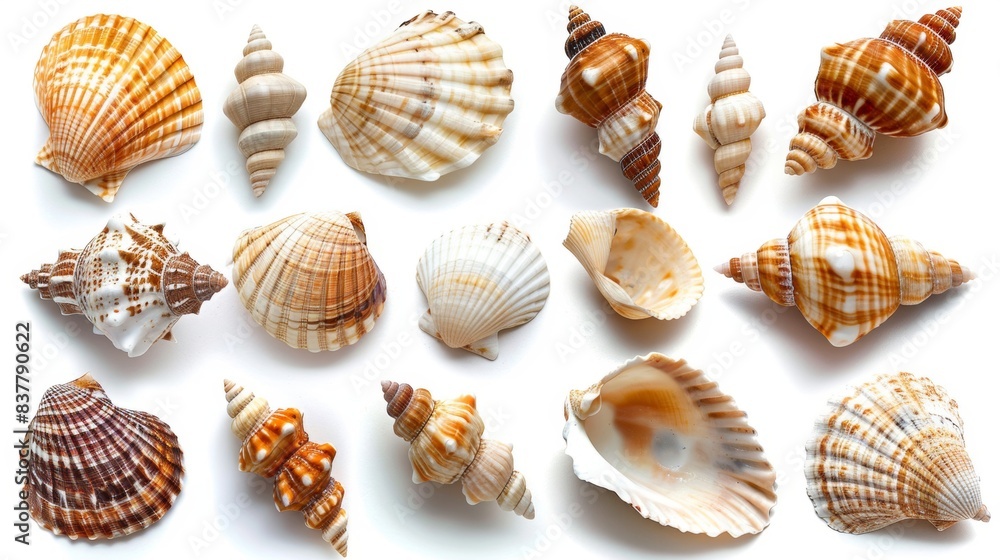 a variety of seashells on a white background a variety of seashells on a white background