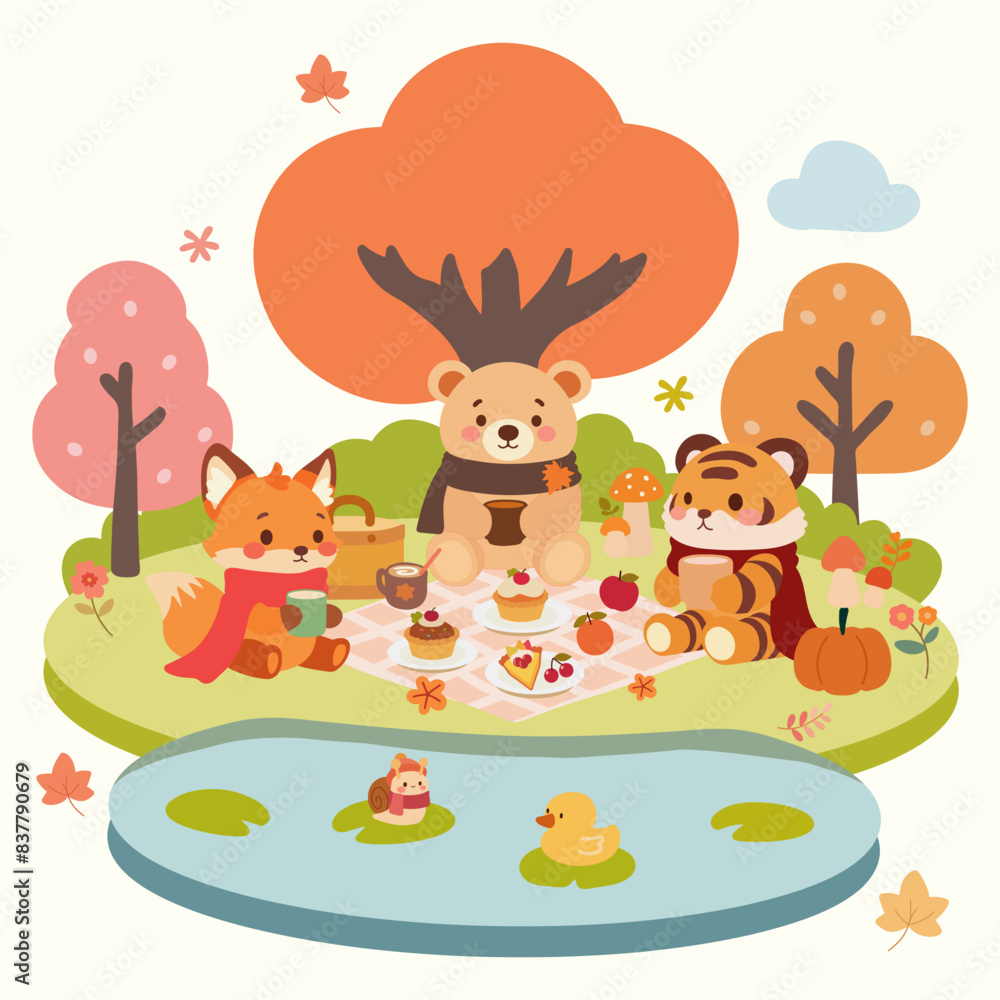 Adorable Woodland Creatures Enjoying Autumn Picnic.Cartoon Forest Animals Picnic Illustration for Kids. Adorable Woodland Creatures Enjoying Autumn Picnic.Cartoon Forest Animals Picnic Illustration for Kids.
