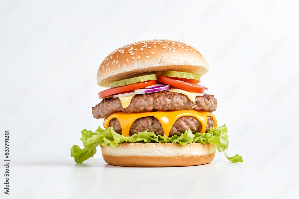 Close-up of a juicy double cheeseburger with lettuce, tomato, onion and cucumber on a white background Close-up of a juicy double cheeseburger with lettuce, tomato, onion and cucumber on a white background