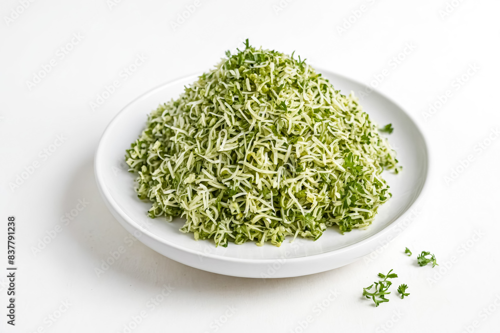 Close-up of a mound of shredded green cabbage on a white plate Close-up of a mound of shredded green cabbage on a white plate