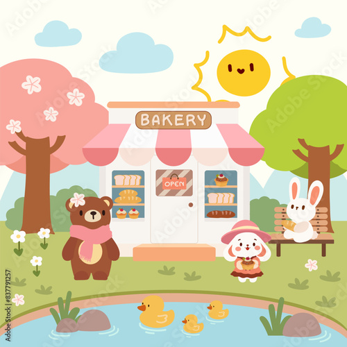 Adorable Woodland Animals at a Charming Bakery. Cute Kids Illustration. Bear, Bunny, and Ducklings at Bakery.