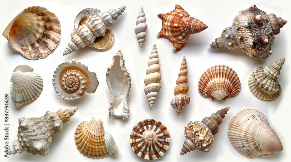 a variety of seashells on a white background a variety of seashells on a white background