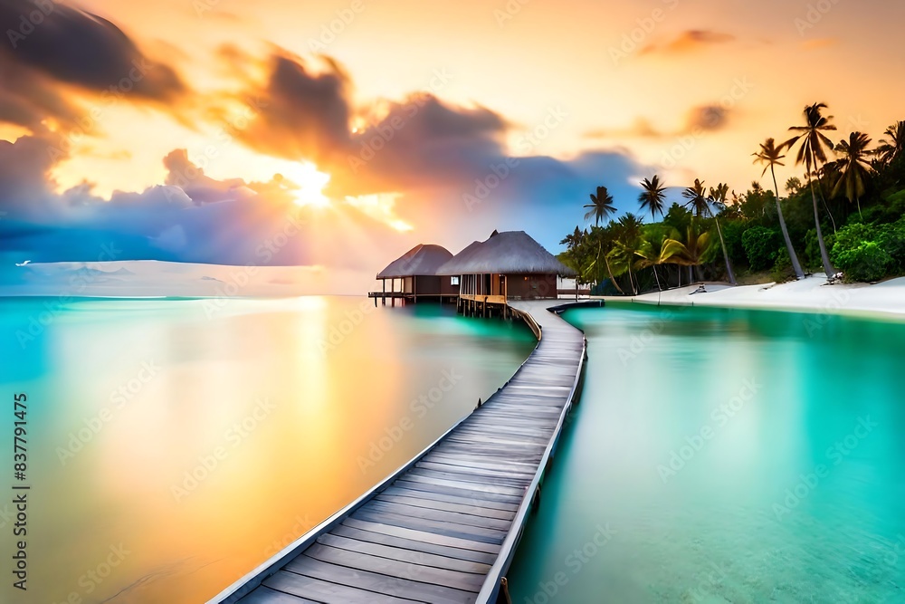 Fototapeta premium Sand dunes on the beach at sunset beautiful tropical island with palm trees and beach panorama illustration
