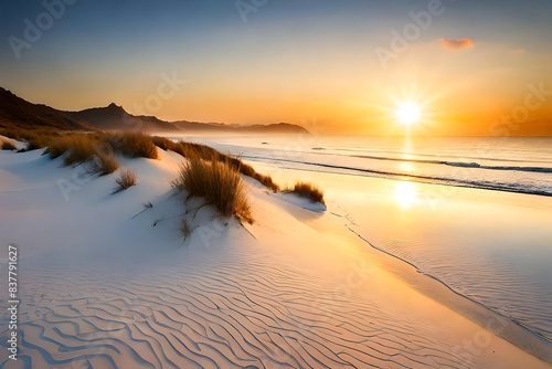 Fototapeta Naklejka Na Ścianę i Meble -  Sand dunes on the beach at sunset beautiful tropical island with palm trees and beach panorama illustration