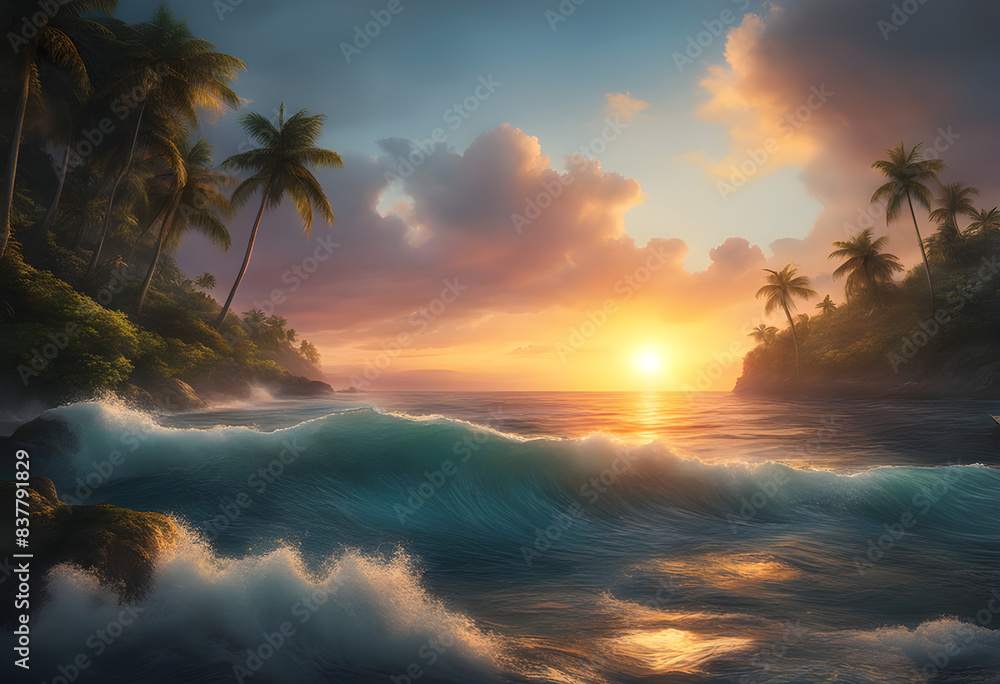 Fototapeta premium beautiful sunset over the beach and waves, palm trees showing in the background, beach scene background
