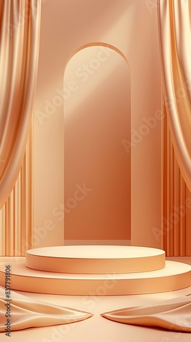 A minimal and luxury interior design of a presentation podium pink  cream woolen fabric banner.