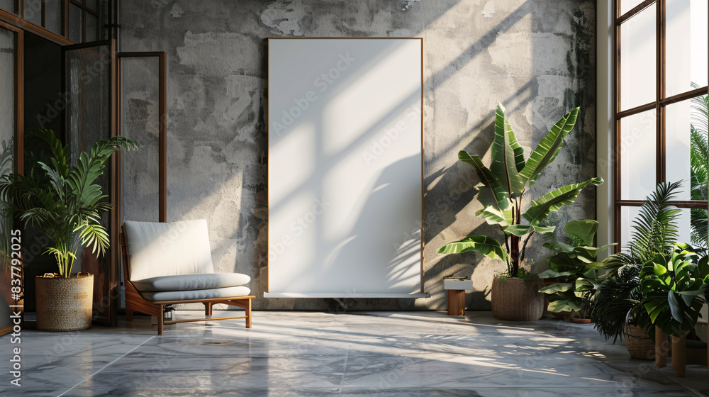 3D rendering of a luxury apartment with a mockup banner stand, sunlit and spacious 3D rendering of a luxury apartment with a mockup banner stand, sunlit and spacious