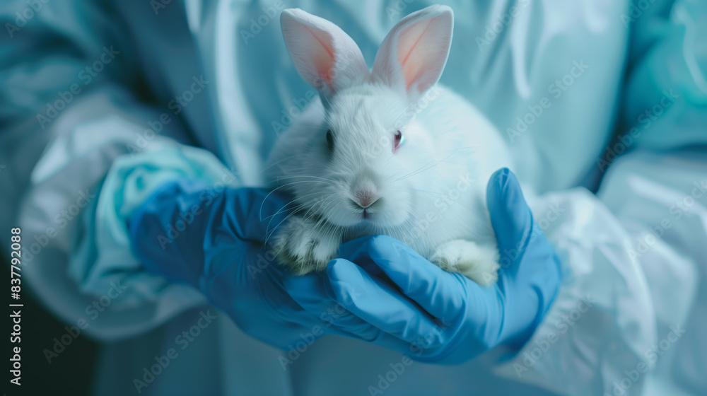 A doctor in a white coat and blue medical gloves holds an albino white rabbit in his arms. A kind veterinarian A doctor in a white coat and blue medical gloves holds an albino white rabbit in his arms. A kind veterinarian