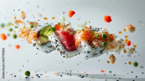 Delicious Fresh Salmon Sushi Roll with Flying Sesame Seeds and Vegetables. Perfect for gourmet food, restaurant menus, and culinary blogs
