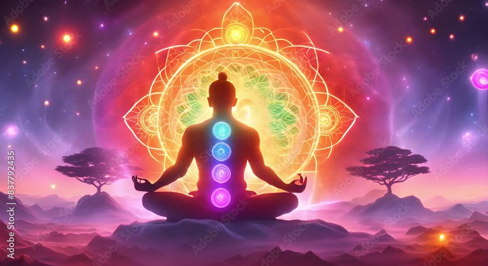 A man is practicing meditation in the lotus position surrounded by shining and colorful chakras A man is practicing meditation in the lotus position surrounded by shining and colorful chakras