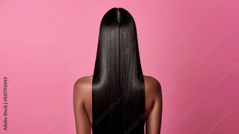 Naklejka premium A woman with long, straight, black hair at the back against a pink background