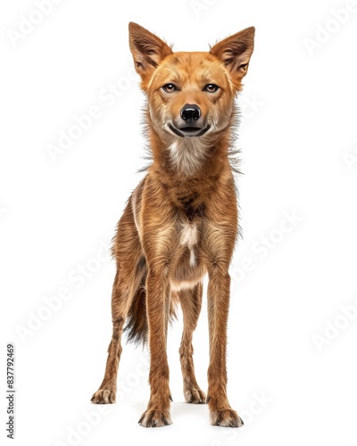 the dhole Indian Wild Dog, white copy space on right Isolated on white background