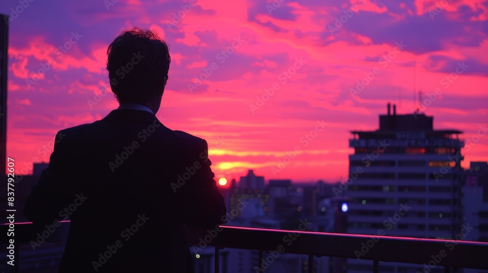 A man in a suit gazes out at a city; pink and purple hues paint the sky behind, while buildings line the foreground and another man is present A man in a suit gazes out at a city; pink and purple hues paint the sky behind, while buildings line the foreground and another man is present