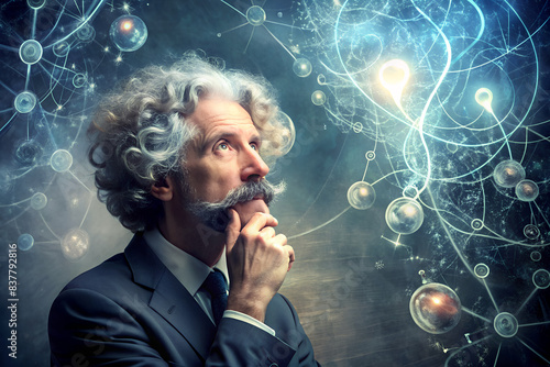 The old scientist looks thoughtfully into the camera.