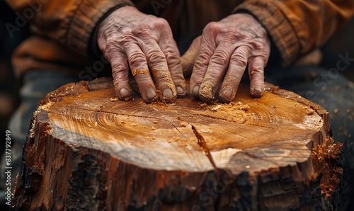 A man's hands mimic the cuts in the stump